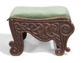 Attributed to Fivemiletown Guild  Arts & Crafts Celtic motif stool, circa 1900  Oak, velvet fabr...