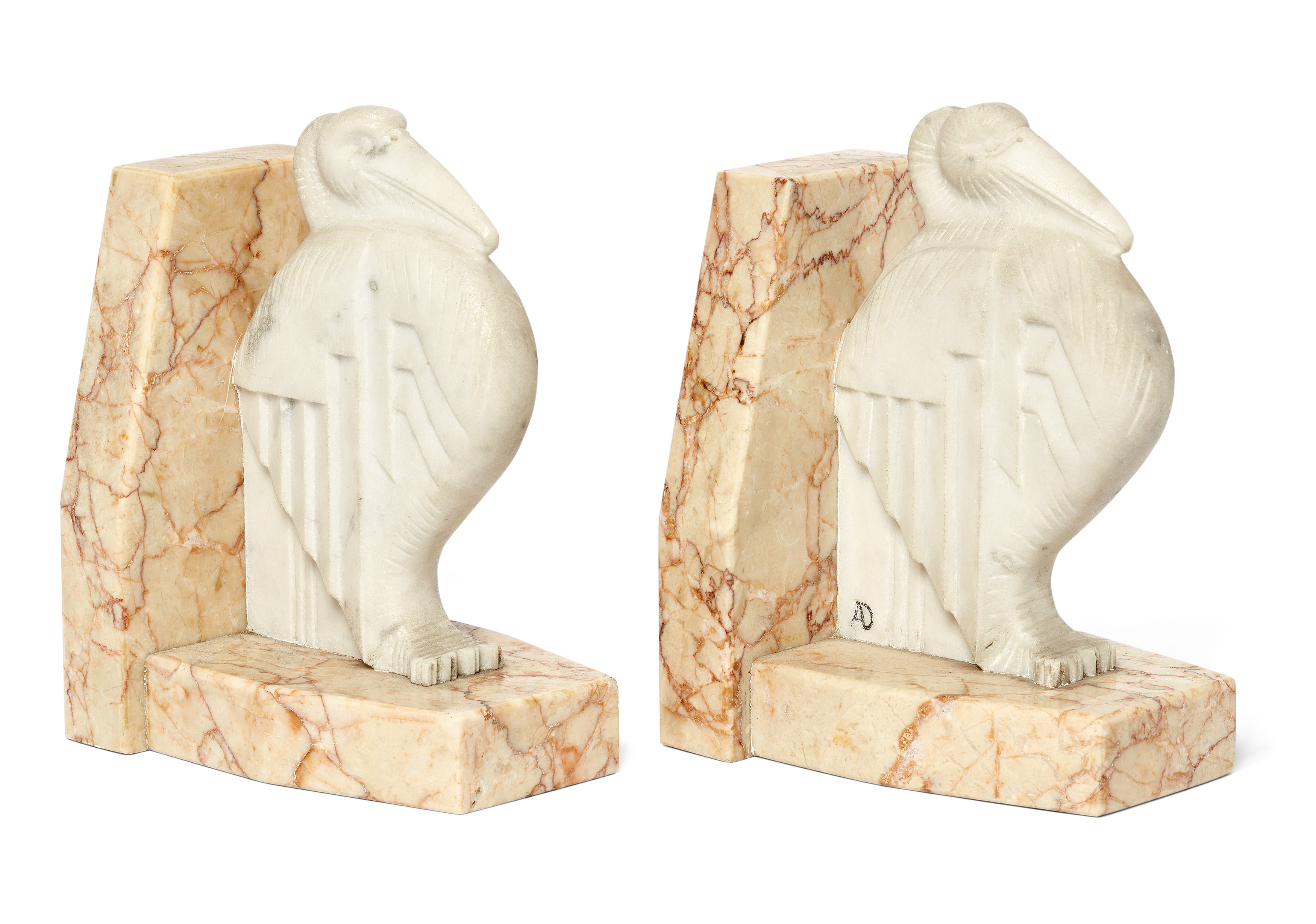 French Art Deco  Pair of pelican book ends, circa 1930  Carrara marble, variegated marble  One ... - Image 2 of 2