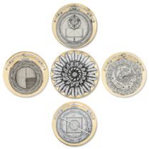 Pierro Fornasetti (1913-1988)  Four 'Astrolobio' pattern plates,1967-70, and a 'Rosoni' pattern ...