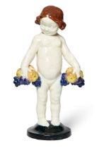 Geo Verbanck (1881-1961)  Figure of a child holding fruit, early 20th century  Glazed earthenwar...