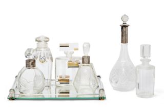 Art Deco  Group of six early 20th Century decanters and an Art Deco mirrored and glass tray, cir...