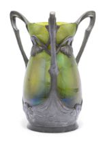 Bohemian/Austrian school  Art Nouveau green iridescent glass vase with tri-handled pewter mounts...