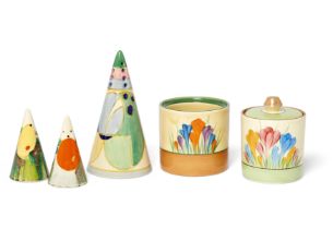 Clarice Cliff (1899-1972)  'Delecia' salt and pepper, 'Crocus' pattern pot with cover, another p...