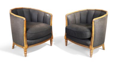 Art Deco  Pair of tub armchairs, circa 1930  Beech, fabric upholstery  Each 71cm high 66cm wide