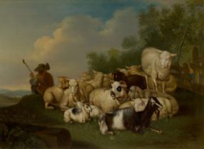 Manner of Johann Heinrich Roos,  19th century-  A pastoral landscape with sheep and goats, and a...