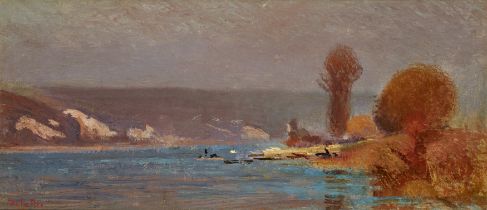 Joseph Delattre,  French 1858-1912-  An evening river landscape, with boats by the shore;  oil ...