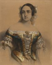 Italian School,  mid-19th century-  Portrait of a Lady, half-length, wearing a dress adorned wit...
