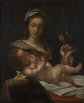 After Simon Vouet,  French 1590-1649-  The Virgin and Child with a Rose;  oil on canvas, 60.3 x...