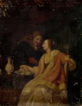 After Frans van Mieris,  Dutch 1635-1681-  The Oyster Meal;  oil on panel, 30.2 x 23.3 cm. (unf...