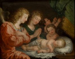 After Jacques Stella,  French 1596-1657-  Angels Adoring the Sleeping Christ;  oil on panel, 27...