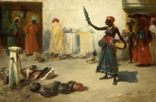 Chambers Haldane McFall,  British 1860-1928-  Street scene - West Africa;  oil on canvas, indis...