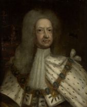 After Sir Godfrey Kneller,  German/British 1646-1723-  Portrait of George I, bust length, in cor...