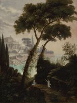 Attributed to Josef Hoffmann,  Austrian 1831-1904-  Two figures in an Italianate landscape, with...
