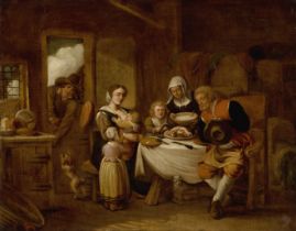 Manner of Jan Miense Molenaer,  early 19th century-  A Cottage interior with a family seated aro...