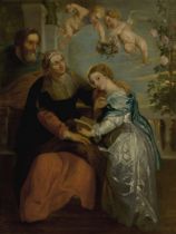 After Sir Peter Paul Rubens,  Flemish 1577-1640-  The Education of the Virgin;  oil on canvas, ...