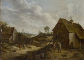 Circle of Pieter de Molijn,  Dutch 1595-1661-  A hilly landscape with travellers and rustic figu...