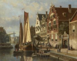 Johannes Frederik Hulk Snr.,  Dutch 1829-1911-  A bustling canal scene with figures unloading a ...