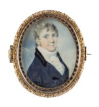 Circle of Richard Cosway, RA,  British 1742-1821-  Portrait of a gentleman, shoulder-length, wea...