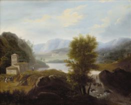 Follower of Richard Wilson, RA,  British 1714-1782-  Italianate landscape with figures and a bui...