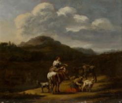 Follower of Nicolaes Berchem,  Dutch 1620-1683-  Italianate landscape with a shepherdess on hors...