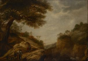 Rotterdam School,  early 17th century-  Hilly wooded landscape with elegant figures on a road;  ...