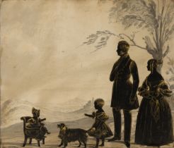 British School,  19th century-  Silhouette portraits, two families at leisure;  the first penci...