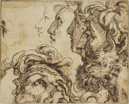 Attributed to the workshop of Bartolomeo Passarotti,  Italian 1529-1592-  Five male heads;  pen...