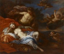Circle of Gerard Hoet,  Dutch 1648-1743-  Bacchus discovering the sleeping Ariadne;  oil on can...