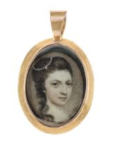 Circle of Nathaniel Hone,  Anglo-Irish 1718-1784-  Miniature portrait of a lady with pearls in h...