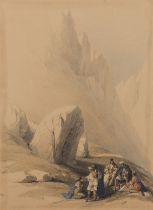 Louis Haghe,  Belgian 1806-1885-  The Rock of Moses, Wady el Leja, Mount Horeb, after David Robe...