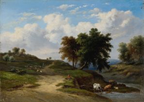 Jean-Baptiste Daveloose,  Belgian 1807-1886-  River landscape with a drover and cattle, a shephe...