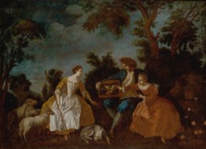 Follower of Jean-Antoine Watteau,  French 1684-1721-  Fête galante scene with a shepherdess and ...