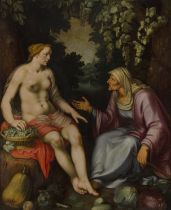 Circle of Cornelis Cornelisz. van Haarlem,  Dutch 1562-1638-  Vertumnus and Pomona;  oil on can...