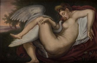 After Sir Peter Paul Rubens,  Flemish 1577-1640-  Leda and the Swan;  oil on panel, the panel i...
