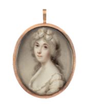 Circle of George Engleheart,  British 1750-1829-  Portrait of a lady, bust-length, wearing a whi...