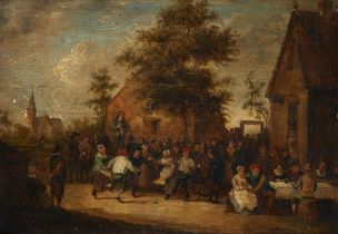 Follower of David Teniers the Younger,  Dutch 1610-1690-  A country dance;  oil on panel, bears...