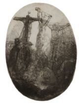 Rembrandt Harmensz. van Rijn,  Dutch 1606-1669-  Christ crucified between Two Thieves: Oval Plat...