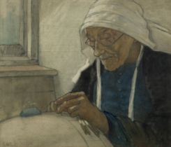 Charles William Bartlett,  British 1860-1940-  Study of a lacemaker at work;  pastel on paper, ...