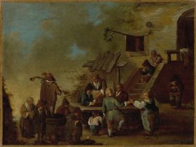 Manner of David Teniers the Younger,  18th century-  Figures playing cards, making music, and da...