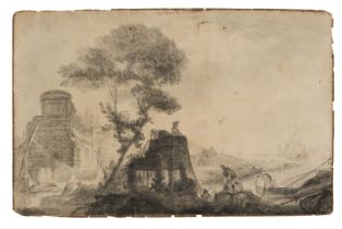 Circle of Claude-Joseph Vernet,  French 1714-1789-  Harbour scene with fisherfolk before archite...
