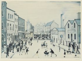 Laurence Stephen Lowry RBA RA, British 1887-1976, The Level Crossing; lithograph in colours on ...