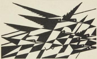 Edward McKnight Kauffer, American 1890-1954,  Flight, 1917; monochrome woodcut on paper, a book...