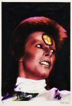 Mick Rock, British 1948-2021, David Bowie on his 1973 tour at Earl's Court; coloured print on g...