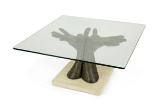 Lorenzo Quinn, Italian b. 1966- Serenity Table; bronze with glass top on a stone base, inscribe...