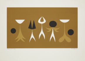 Paule Vézelay,  British 1892-1984,  A Group of Five Forms, 1974;  screenprint in colours on wov...