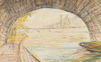 Kristian Romare,  Swedish 1926-2015 -  A bridge in Paris;  crayon and pencil on paper, signed a...