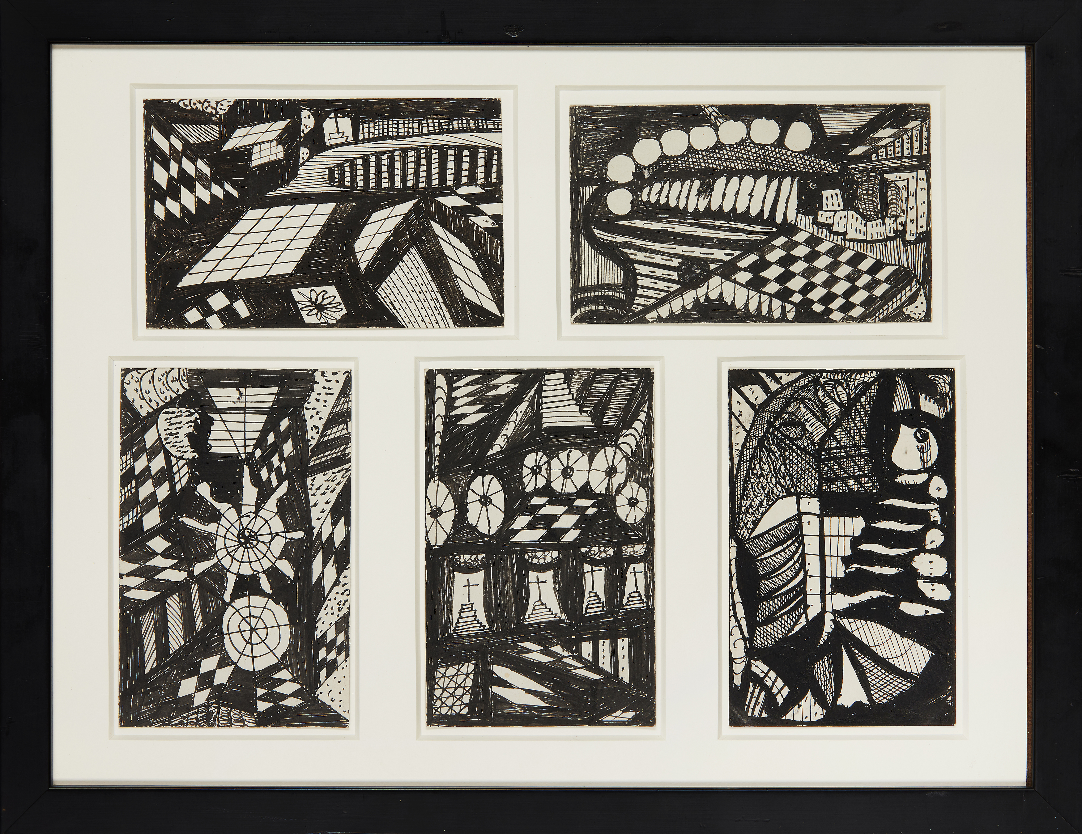 Madge Gill,  British 1882-1961 -  Mediumistic studies; 5 ink on paper works in shared mount, 25... - Image 2 of 3