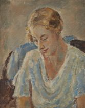 Dame Ethel Walker DBE ARA,  British 1861-1951 -  Portrait of a woman in blue;  oil on canvas, b...
