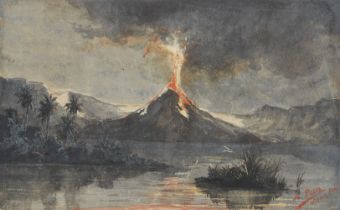 Adolf Gustaf Plate,  German/Australian 1874-1914 -  Niuafoʻou volcano erupting;  watercolour on...