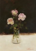 Tom W. Quinn,  British 1918-2005 -  Still life with roses;  oil on board, signed lower right 'T...